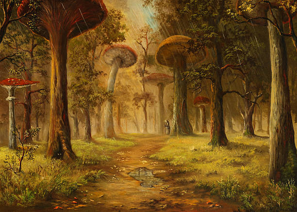 illustrazioni stock, clip art, cartoni animati e icone di tendenza di pittura ad olio di fungo foresta durante la pioggia - fungo ombrelliforme
