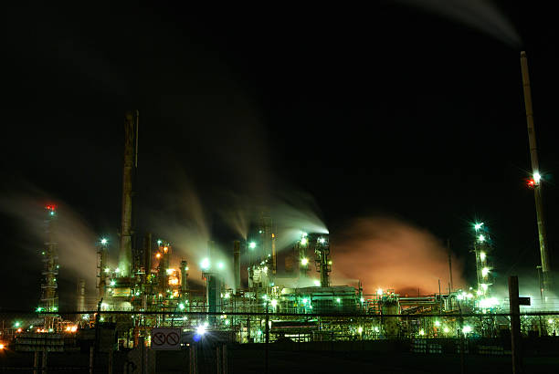 Oil Refinery at Night stock photo