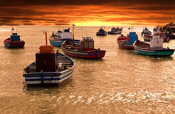 Puerto Aysen, Chile: December 7, 2019:  Fishing boats on Aysen River  in Patagonian pretty city of Puerto Aysen