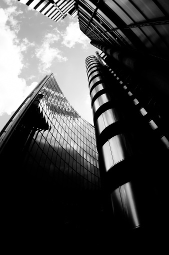 black and white office architecture. modern glass building with steel