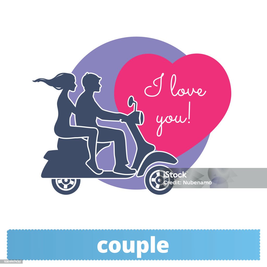 Scooter Couple Riders Vector Flat Style Clipart Illustration Couple on scooter driver vector icon. Boy and girl on motorbike. Simple monochrome flat illustration isolated on white background. Wedding invitation, Valentine's day, I love you confession template. Adult stock vector