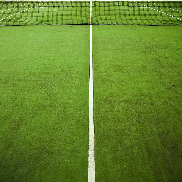 Green Tennis Court with Net and White Lines  baseline stock pictures, royalty-free photos & images