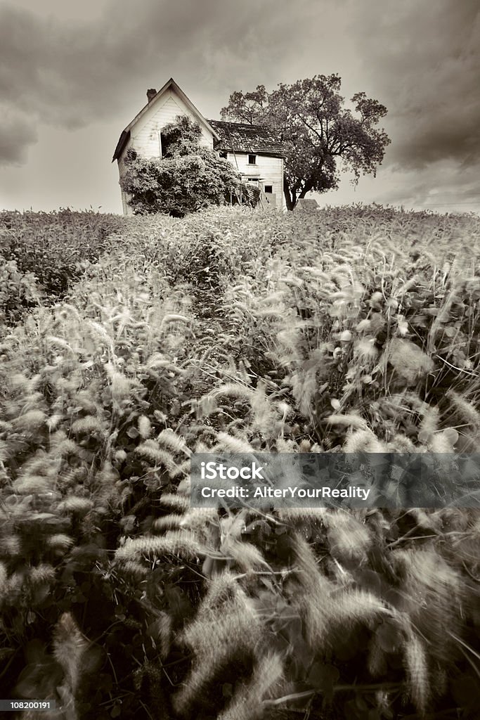 Assustador, abandonado casa na Hill, preto e branco - Foto de stock de Abandonado royalty-free