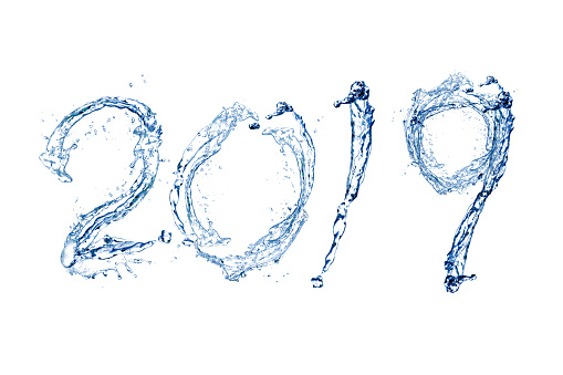 Happy New Year 2019 by Pure splash of water isolated on white background