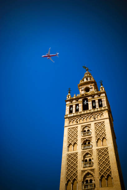 Seville, Spain. Greeting card. Blue background. No people. Copy space. Sample text.