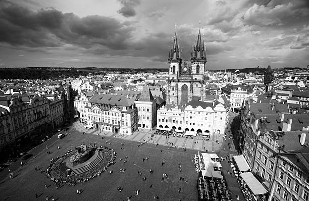 Aerial View of Prague Old Town Square, Black and White stock photo