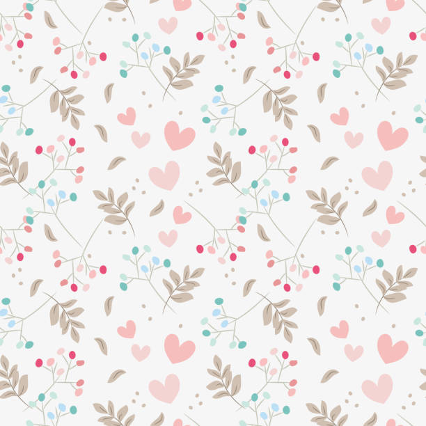 甘い花と小さな心のシームレスなパターン。 - seamless pattern leaf cute点のイラスト素材／クリップアート素材／マンガ素材／アイコン素材