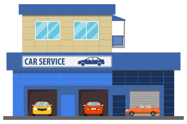 auto-service. autoservice-gebäude mit autos repariert. cartoon illustration einer kfz-reparatur. - automotive repair center stock-grafiken, -clipart, -cartoons und -symbole