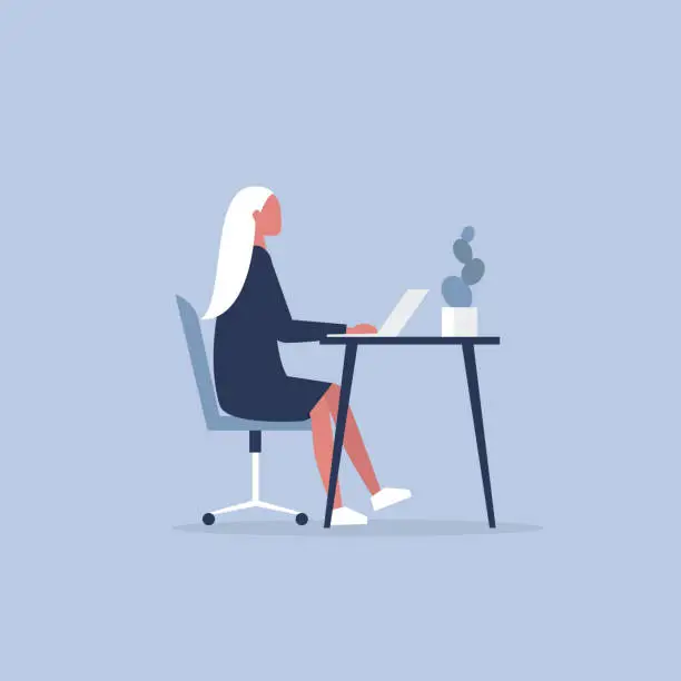 Vector illustration of Young female character working in the office. Furniture. Cabinet. Workspace. Millennials at work. Flat editable vector illustration, clip art