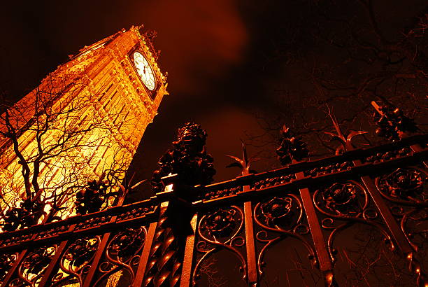 Wrought Iron Fence and Big Ben at Night stock photo