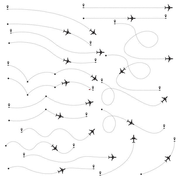 zestaw ilustracji trasy samolotu lub ścieżki wektorowej. wektor. - direction air vehicle commercial airplane equipment stock illustrations