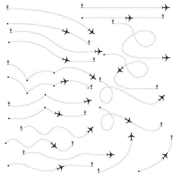 набор иллюстраций маршрута самолета или вектора траектории. вектор. - outline path stock illustrations
