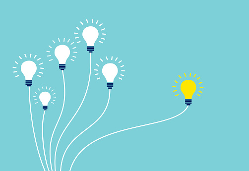 Vector of light bulbs on blue background. Business teamwork and one different opinion vision creative concept.