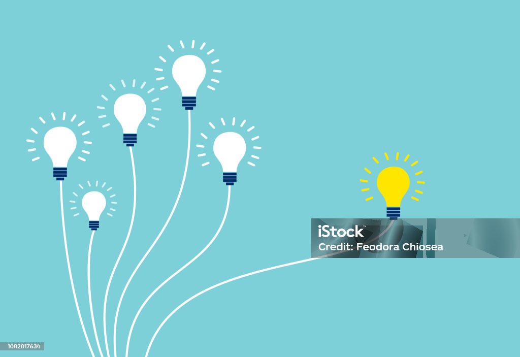 Vector of light bulbs on blue background. Vector of light bulbs on blue background. Business teamwork and one different opinion vision creative concept. Contemplation stock vector