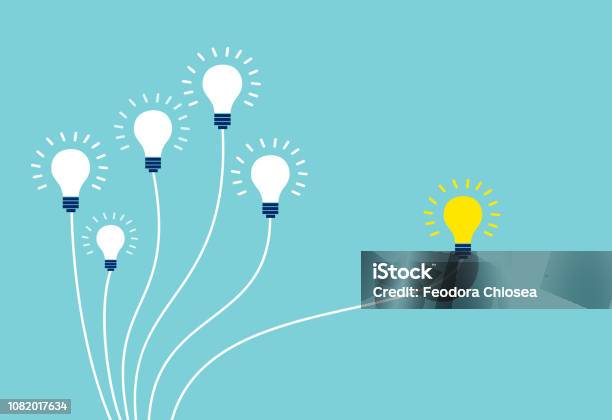 Vector Of Light Bulbs On Blue Background Stock Illustration - Download Image Now - Contemplation, Change, Ideas