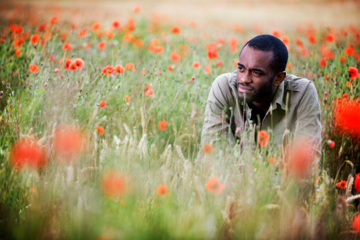 A pensive look on the face of a young man surrounded by a field of red poppys.