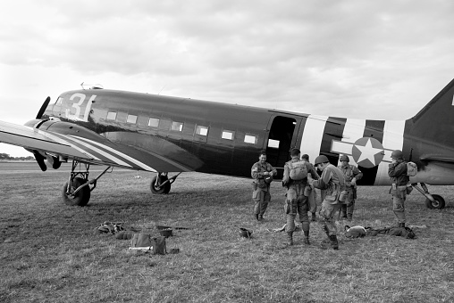 Berlin (West), Germany, 1959. Presidential elections in Berlin. Arrival of the Federal President of Germany in a US Air Force aircraft at Tempelhof Airport. Also: Berlin police forces and US forces.