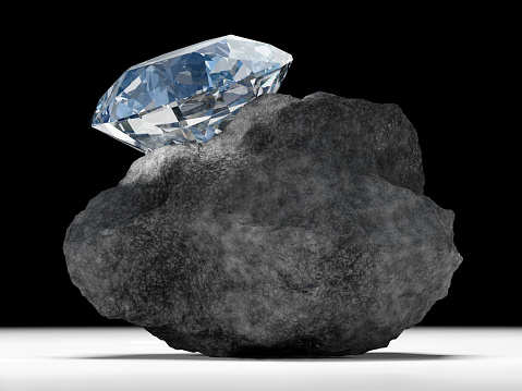 A very large diamond embedded in a rock against a black background. Very high resolution 3D render.