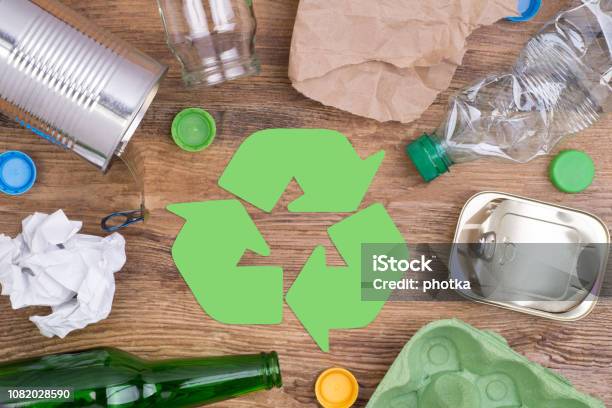 Recycling Garbage Such As Glass Plastic Metal And Paper Stock Photo - Download Image Now