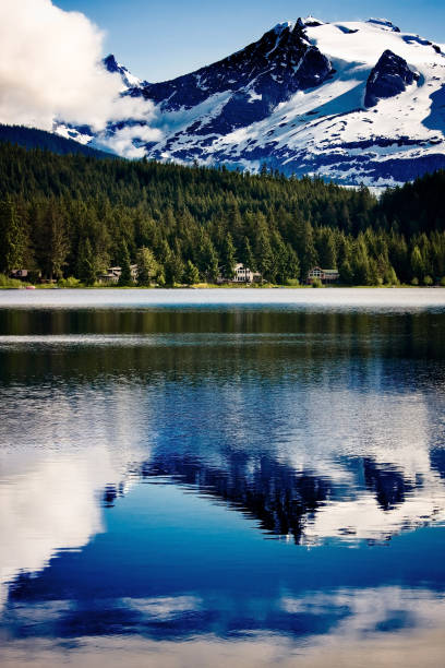 Auke Lake with Mountain Reflection on Water stock photo