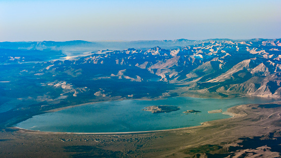Aerial view of Mono Lake, California, USA, in morning light. Looking southeast. Oct 2018.