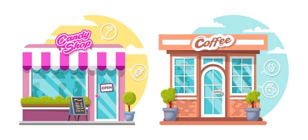 istock Candy shop and coffee house concept. Flat design city public buildings with storefronts and different interior design 1082031824