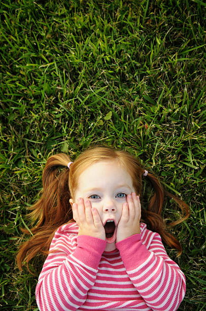 istock Little Girl Lying on Grass with Surprised Look 108203288