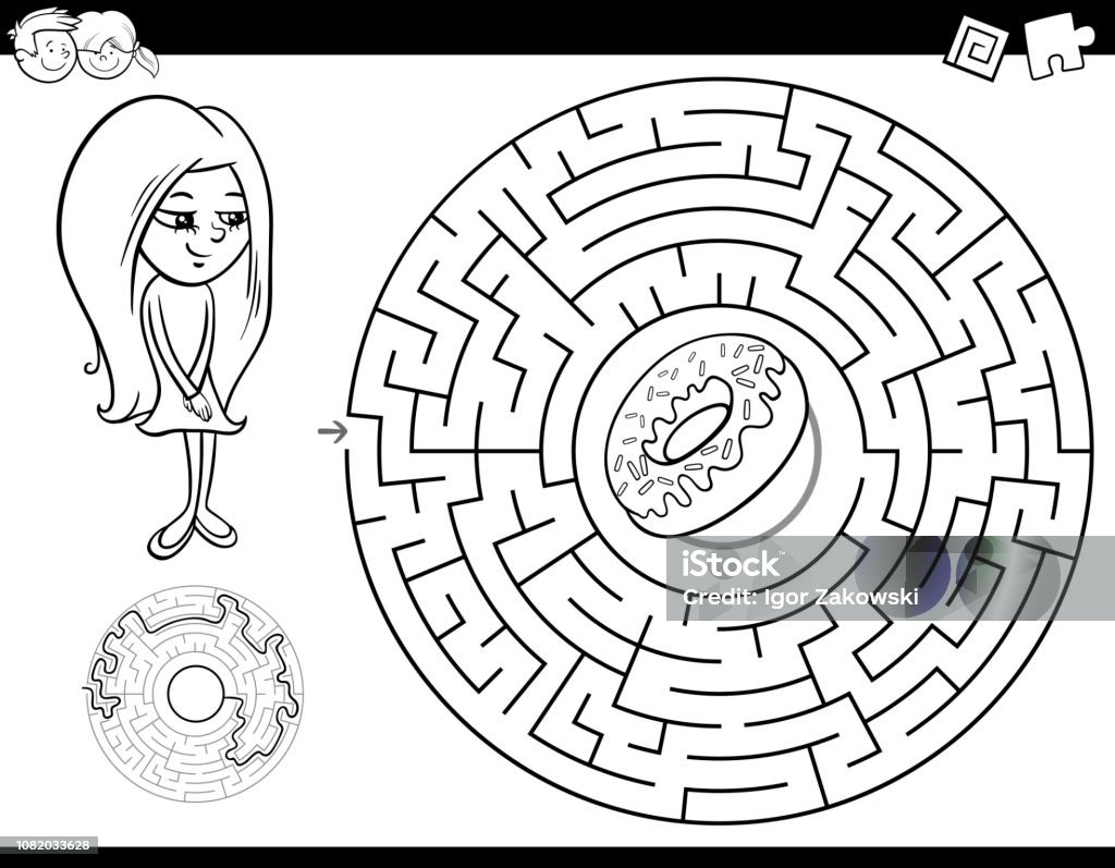 maze color book with girl and doughnut Black and White Cartoon Illustration of Education Maze or Labyrinth Activity Game for Children with Girl and Doughnut Coloring Book Black And White stock illustration