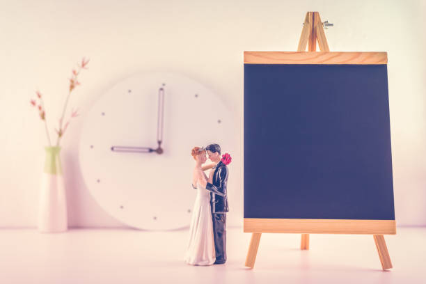 Wedding schedule / wedding plan, planner concept : Miniature figurine couple wedding doll, bride & bridegroom, chalkboard for noting ceremony time and welcome guest to the propitious, felicitous event