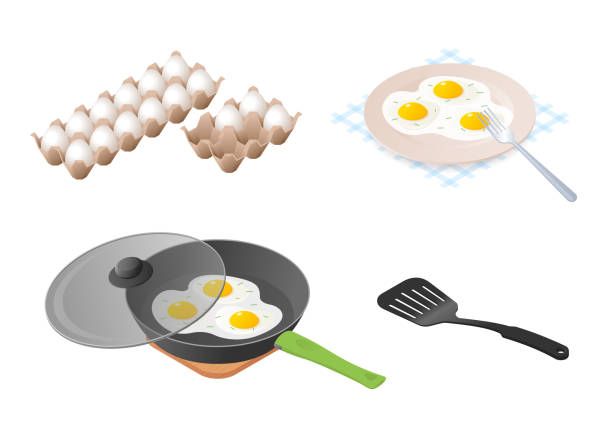 The eggs flat isometric illustration set. Flat isometric illustration of eggs carton, frying pan with scrambled eggs, dish with omelette. Food ingredients, breakfast foodstuff. Kitchen and cooking vector concept isolated on white background. omelette on the plate stock illustrations