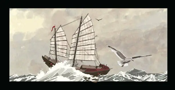 Vector illustration of Old junk on a rough sea
