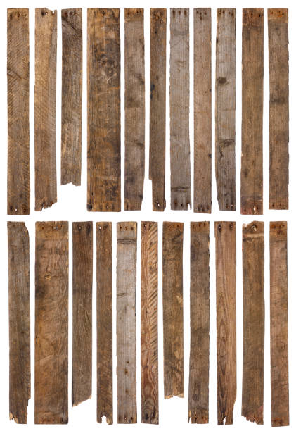 istock Set of 22 unique long rustic weathered wood plank with rusty nails 1082044476