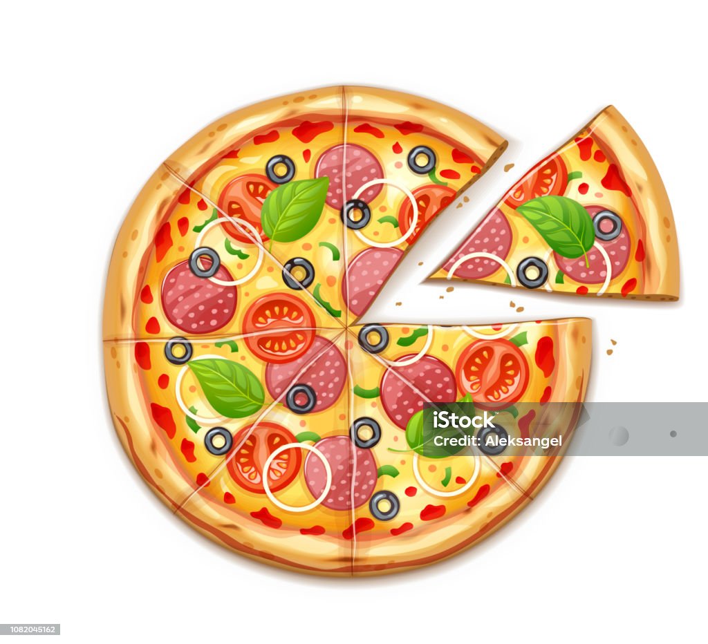 Fresh pizza with tomato, cheese, olive, sausage, onion Fresh pizza with tomato, cheese, olive, sausage, onion, basil. Traditional italian fast food. Top view meal. European snack. Isolated white background. EPS10 vector illustration. Pizza stock vector