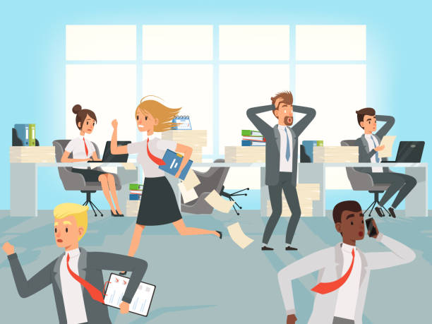 ilustrações de stock, clip art, desenhos animados e ícones de office deadline. business workers managers stress running on workplaces at work vector characters - caos ilustrações