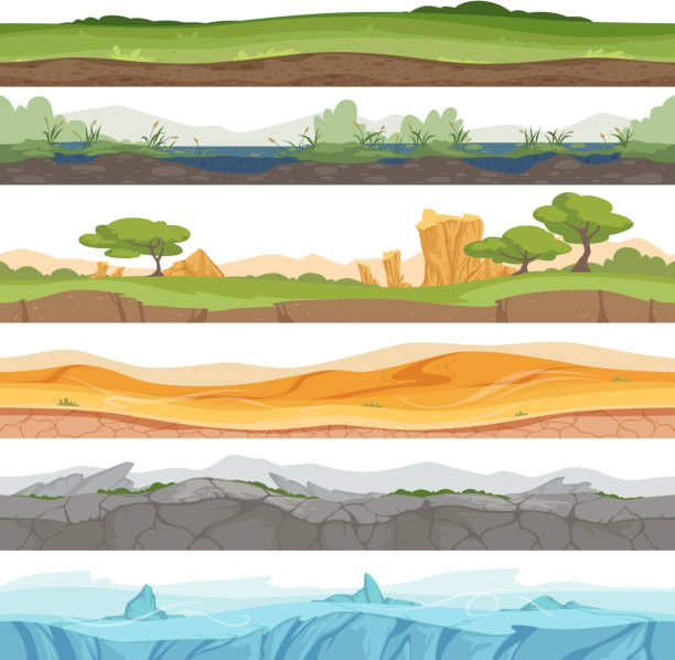 parallaxe nahtlosen boden. spiel-landschaft eis rasen wasser wüste schmutz rock vektor cartoon hintergrund - land dirt backgrounds textured stock-grafiken, -clipart, -cartoons und -symbole