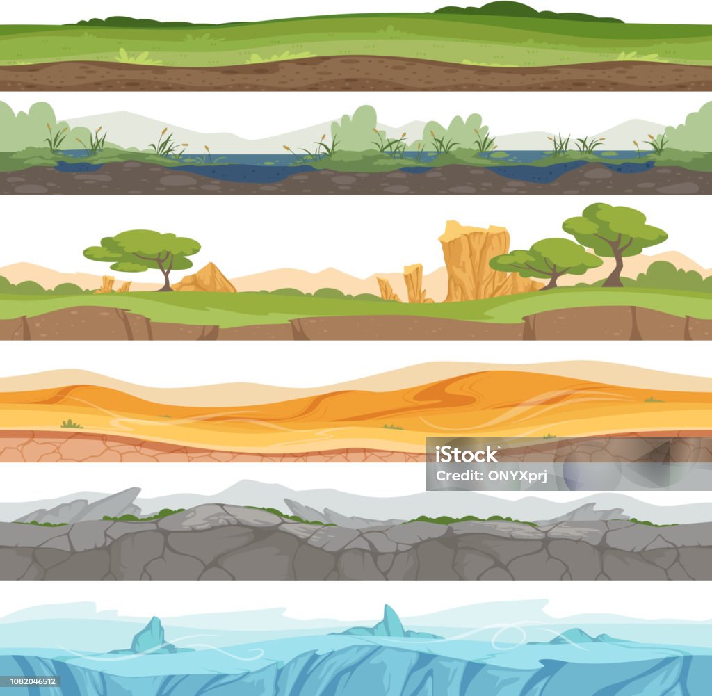 Sol homogène de parallaxe. Jeu paysage glace herbe eau terre désertique rock vecteur caricature fond - clipart vectoriel de Paysage libre de droits