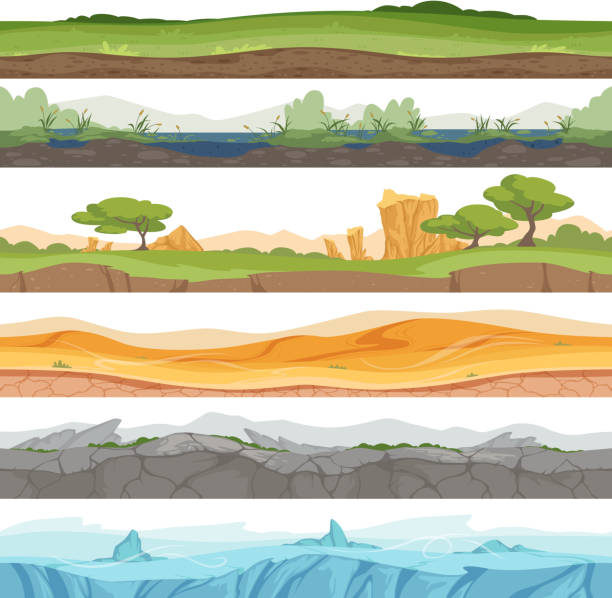 Parallax seamless ground. Game landscape ice grass water desert dirt rock vector cartoon background Parallax seamless ground. Game landscape ice grass water desert dirt rock vector cartoon background. Illustration of game ground desert, stone rock and swamp focus on foreground illustrations stock illustrations