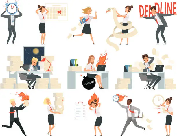 Vector illustration of Deadline characters. Business overworked people directors managers stressed and rushing danger workspace vector people isolated