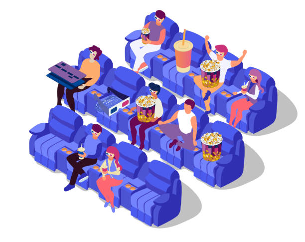 People watch film on movie theatre. Full room. People get great time at cinema. Isometric flat 3d illustration on white background. Popcorn, soda, credit card and eyeglasses on cinema chairs People watch film on movie theatre. Full room. People get great time at cinema. Isometric flat 3d illustration on white background. Popcorn, soda, credit card and eyeglasses on cinema chairs movie ticket illustrations stock illustrations