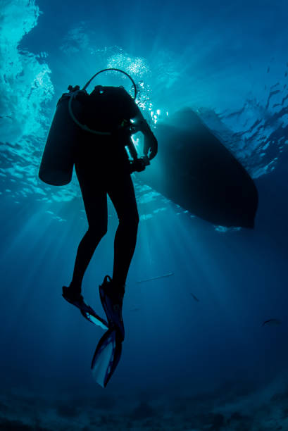 istock Scuba Diver ascending towards the surface surrounded by deep blue water. 1082050436