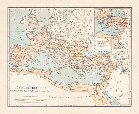 Map of the Roman Empire in the middle of the 2nd century AD and a separate map of the Eastern Roman Empire (Byzantine Empire) at the beginning of the 5th century. Lithograph, published in 1897.