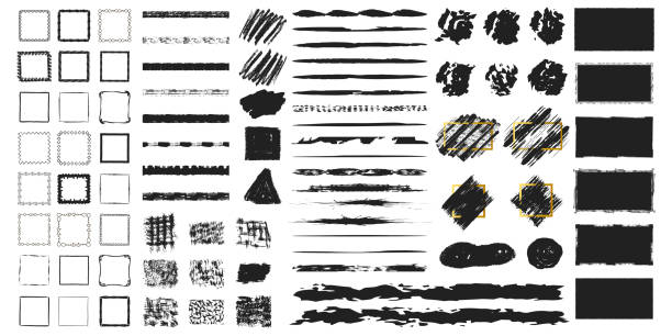 손으로 그린된 그런 지 찢어진 프레임, 박스 모양의 큰 집합입니다. 고립 된 벡터 배경입니다. 고민된 브러쉬 선도 말, 테두리 및 거친 디바이 더. - distressed metal pattern paint stock illustrations