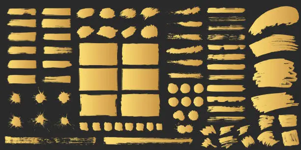 Vector illustration of Super big set of hand drawn golden grunge torn box shapes. Vector isolated background. Edge rough frames. Distressed brush strokes, blots, borders and gold dividers.