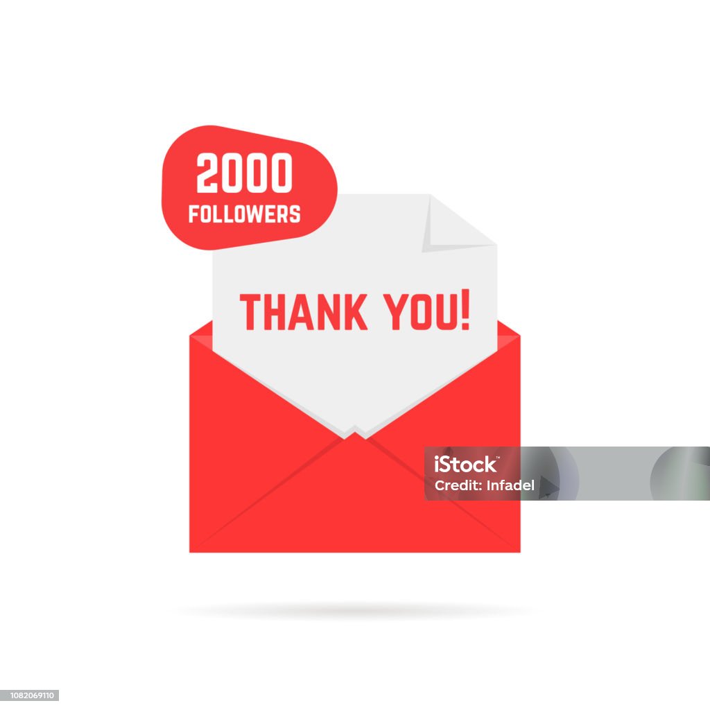 2000 followers thank you card 2000 followers thank you card. concept of dispatch, abstract ui, open envelope with paper, web information, sub, button. flat style trend modern graphic design element on white background 2000 stock vector