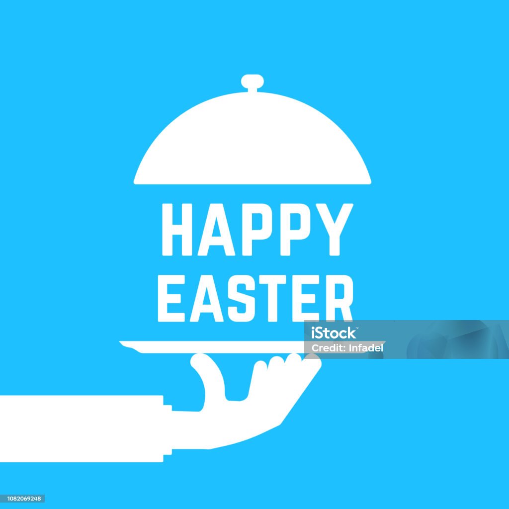 happy easter text like white serving hand happy easter text like white serving hand. concept of caterer dish, traditional, cafe maintenance, service staff. flat style trend graphic art design element isolated on blue background Lunch stock vector