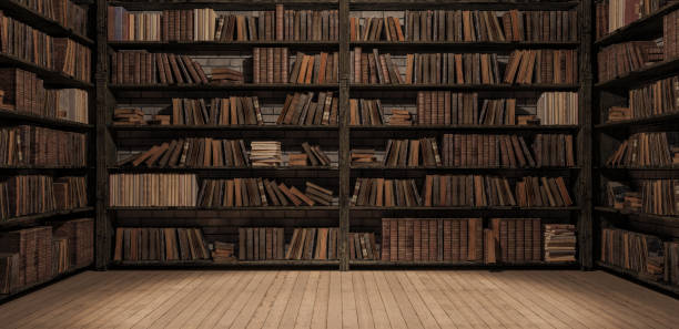 estantes en la biblioteca con libros viejos 3d render - biblioteca fotografías e imágenes de stock