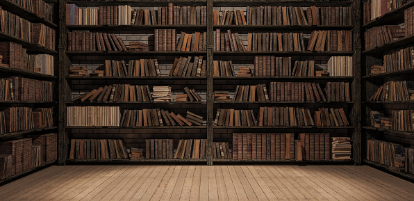 Bookshelves in the library with old books 3d render 3d illustration