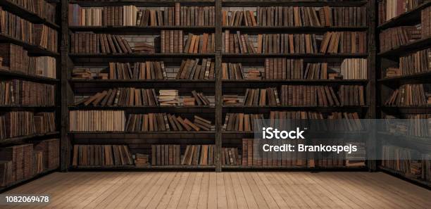 Bookshelves In The Library With Old Books 3d Render Stock Photo - Download Image Now