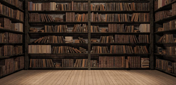 bookshelves in the library with old books 3d render - estante de livro imagens e fotografias de stock