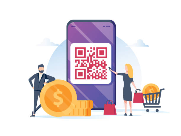 illustrazioni stock, clip art, cartoni animati e icone di tendenza di concetto di illustrazione vettoriale di pagamento del codice qr, le persone usano lo smartphone e scansionano il codice qr per il pagamento e tutto il resto, possono utilizzare - qr code marketing mobile phone coding